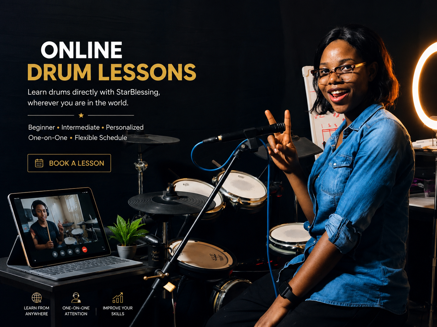 StarBlessing teaching an online drum lesson from her studio, with a tablet showing a student on a video call